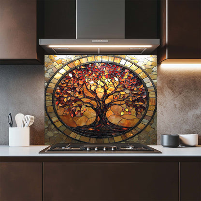 Amber Radiance – Tempered Glass Backsplash for Stove | Tree of Life Mosaic Style Backsplash