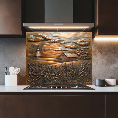 Golden Harvest – Copper Look Tempered Glass Backsplash with Farmhouse Scene