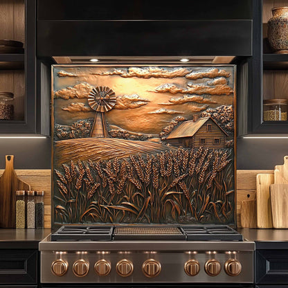 Golden Harvest Tempered Glass Backsplash – Copper Look Farmhouse Scene for Rustic Kitchen Backsplash