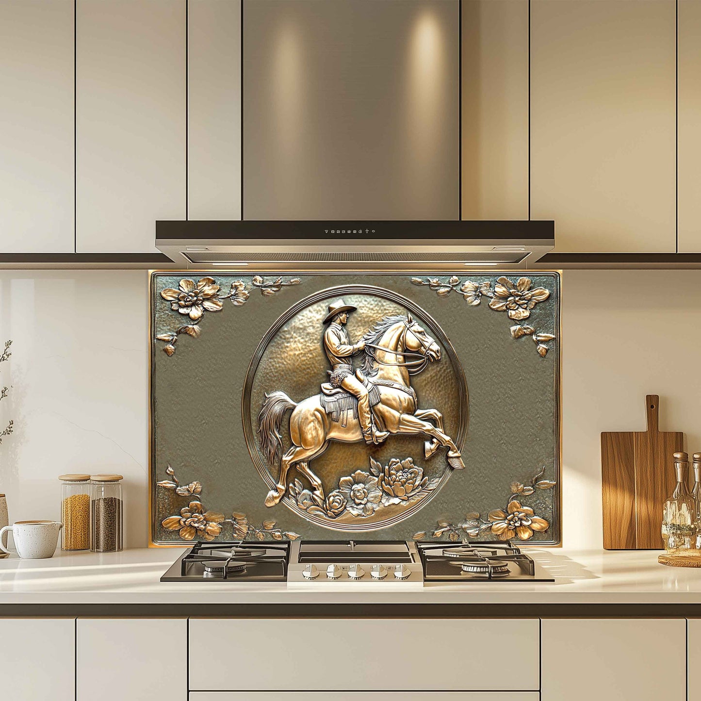 Copper Rider Tempered Glass Backsplash – Western Cowboy Kitchen Stove Backsplash