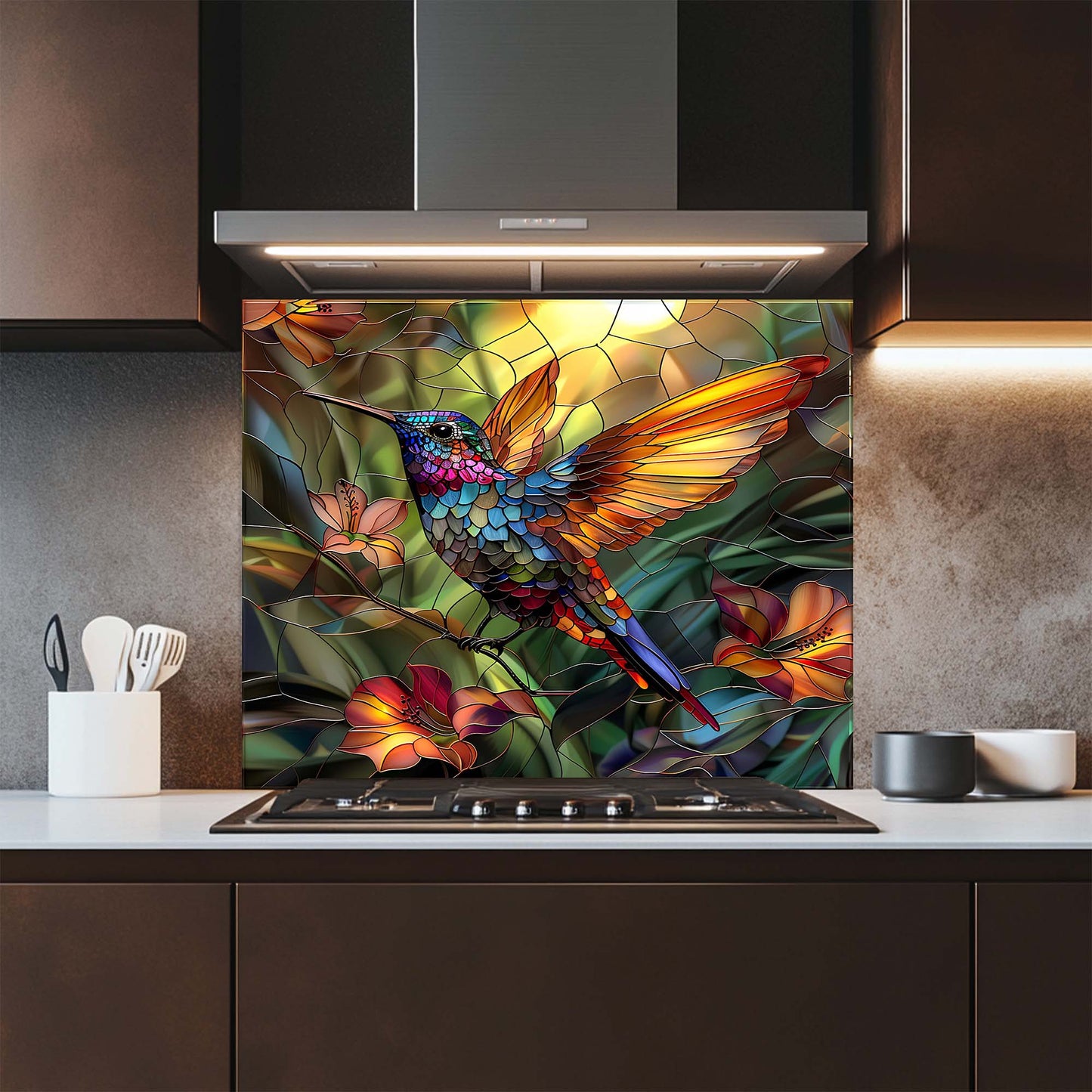 Tropical Hummingbird – Tempered Glass Backsplash for Kitchen | Colorful Bird Backsplash