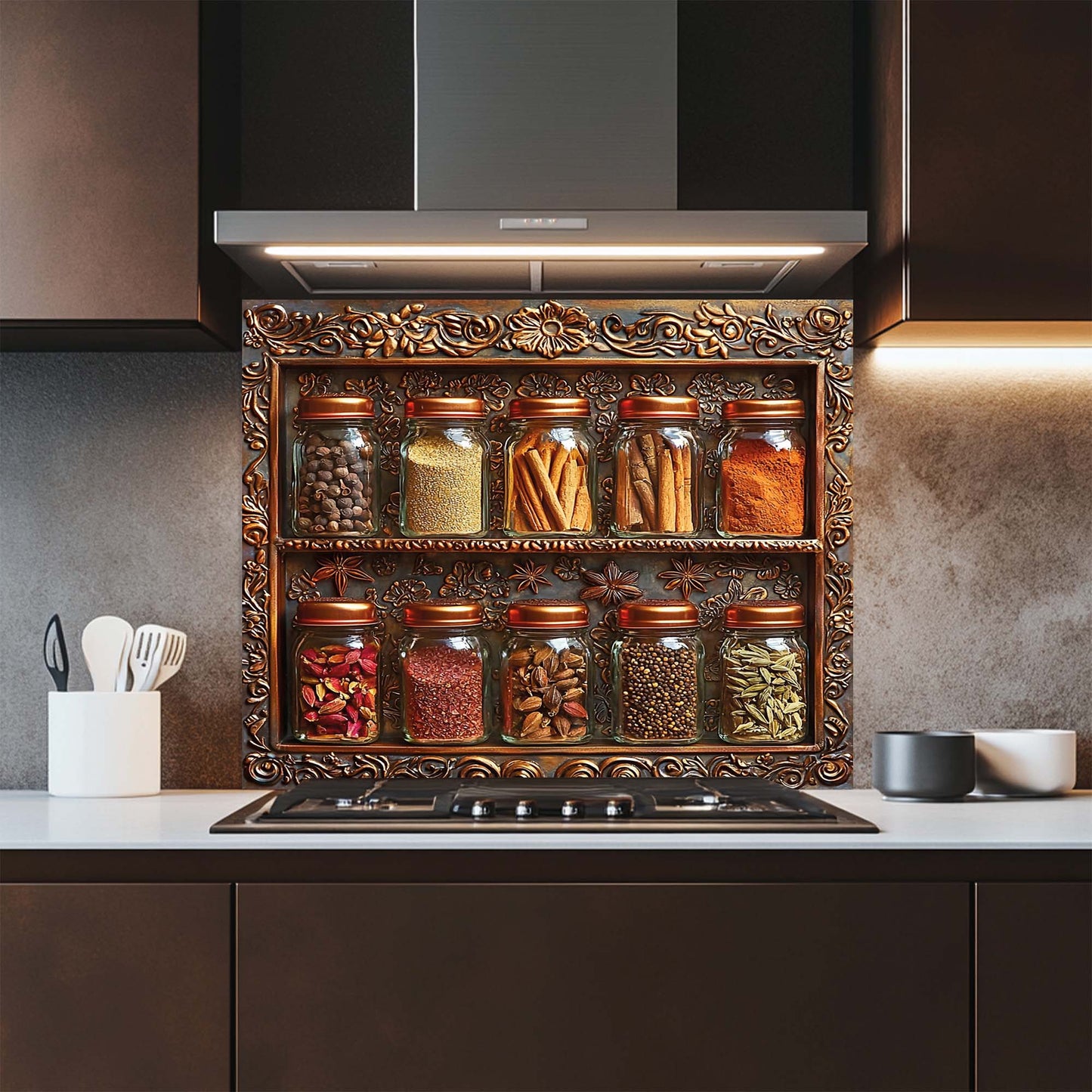 Spice Frame – Tempered Glass Backsplash for Kitchen | Copper Look Spice Jar Backsplash