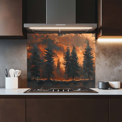 Ash Rise – Tempered Glass Backsplash for Kitchen Stove | Wild Forest in Fire Scene Backsplash