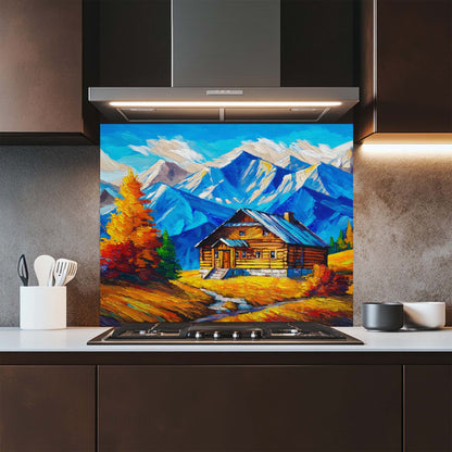 Mountain Cabin Glow – Tempered Glass Backsplash for Kitchen | Rustic Cabin Backsplash