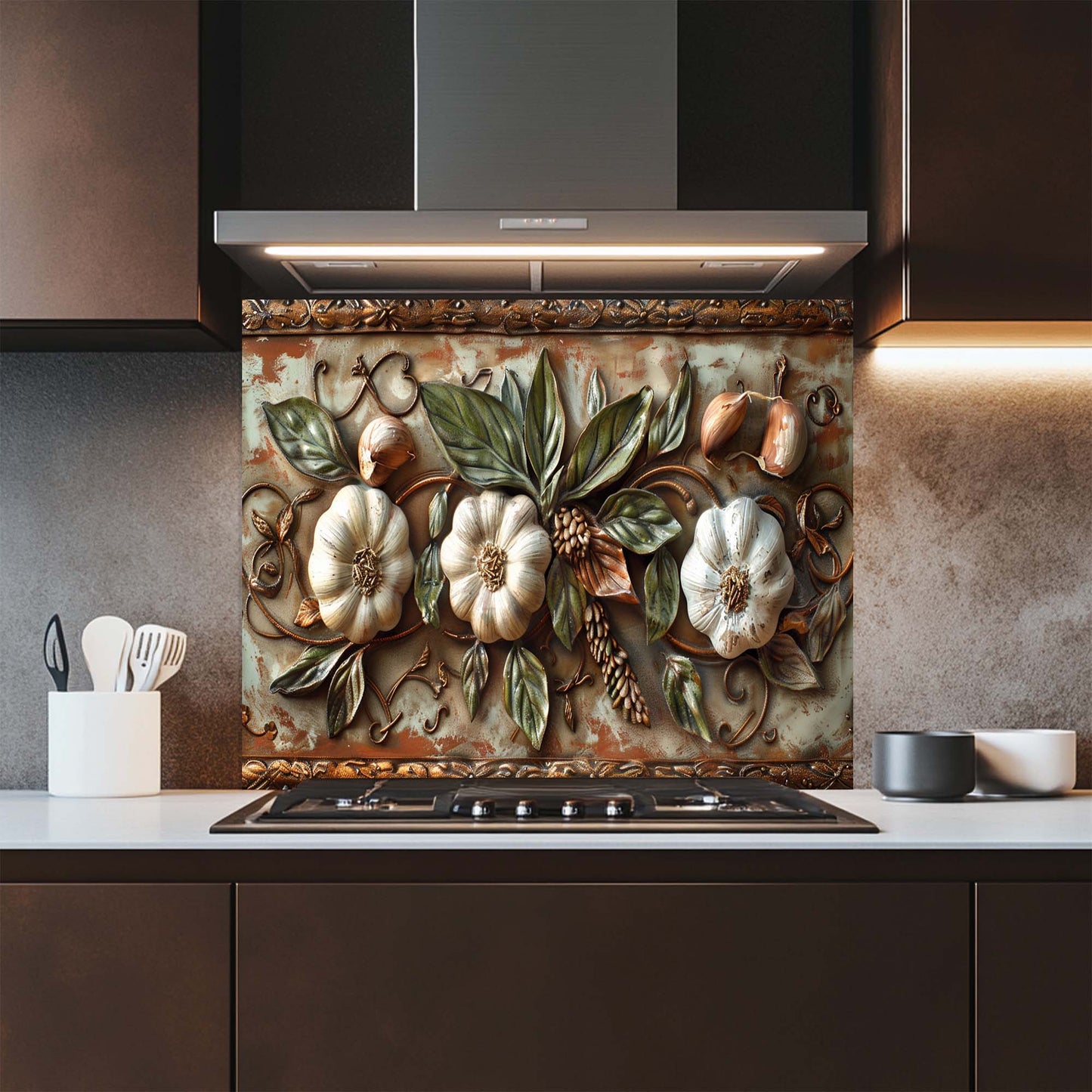Tuscan Garlic Garden Tempered Glass Backsplash for Kitchen | Garlic & Leaf Backsplash