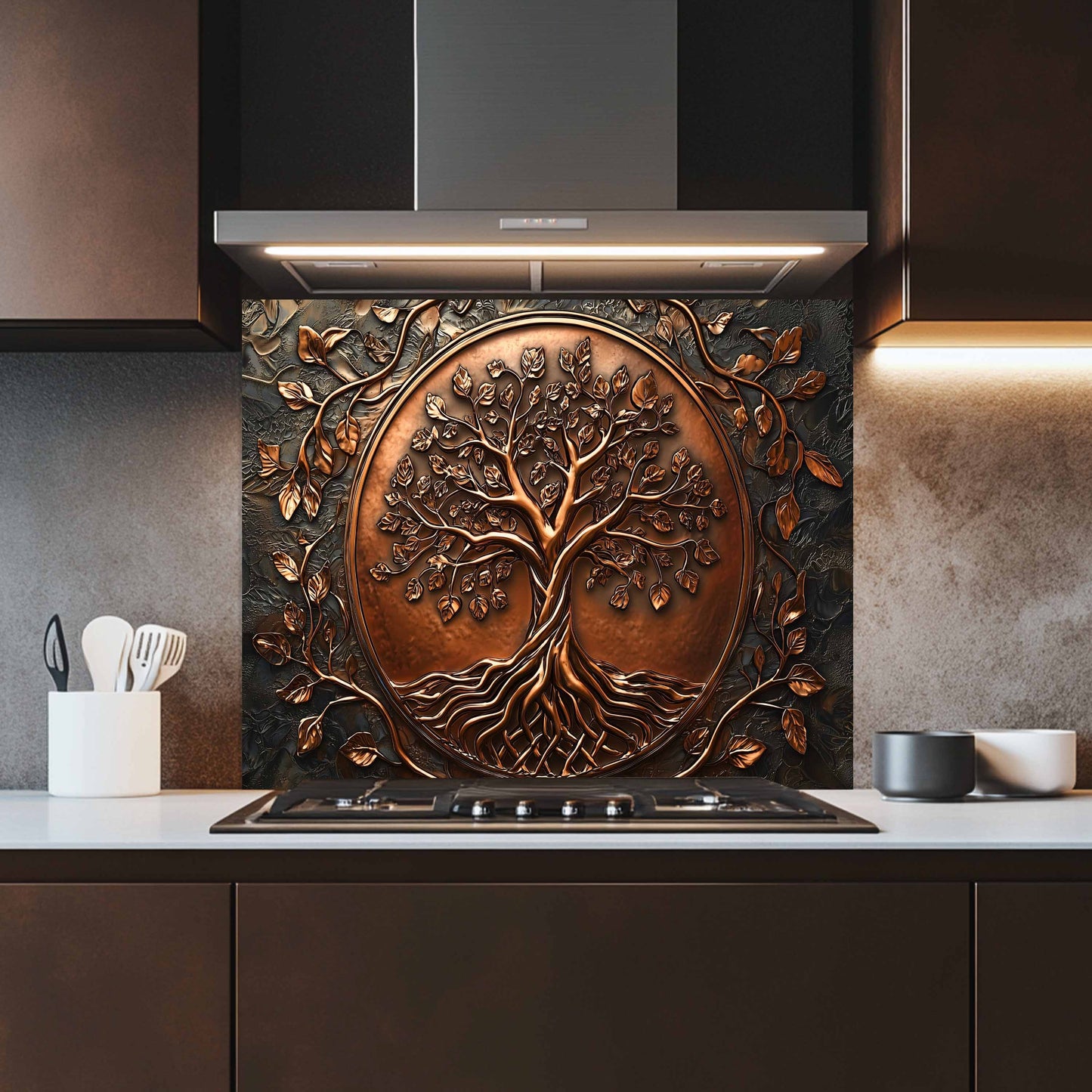 Custom Kitchen Backsplash – Copper Look Tree Tempered Glass Stove Backsplash