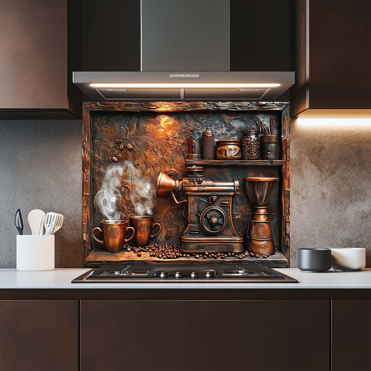 Copper Brew – Tempered Glass Backsplash for Kitchen | Coffee Machine Stove Backsplash
