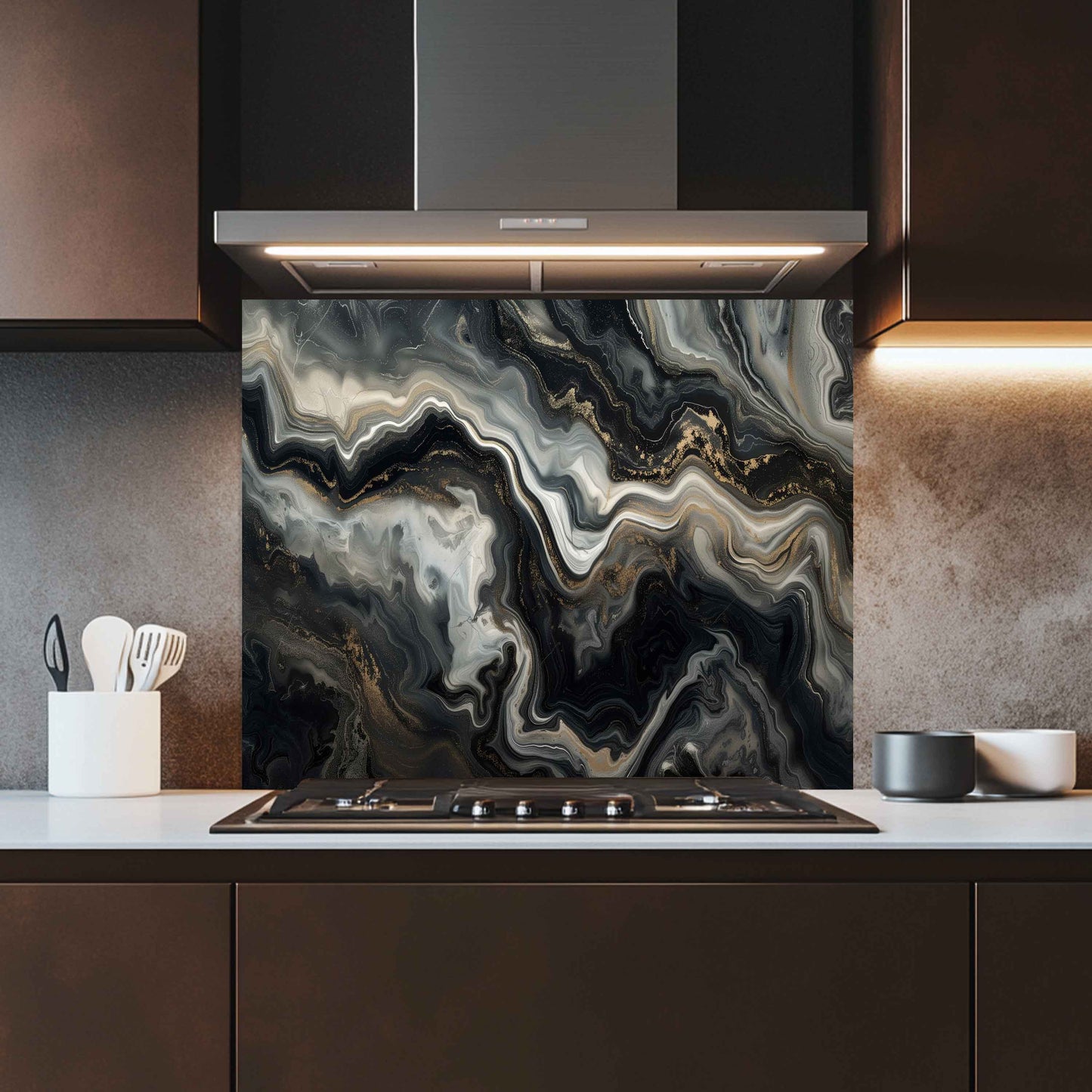 Glass Kitchen Backsplash – Black Gold Marble Flow Abstract Splashback