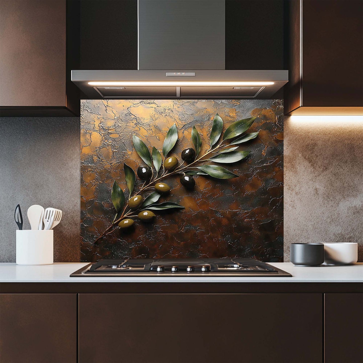 Olive Harmony – Tempered Glass Backsplash for Kitchen Stove | Rustic Olive Branch Backsplash