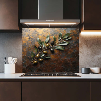 Olive Harmony – Tempered Glass Backsplash for Kitchen Stove | Rustic Olive Branch Backsplash