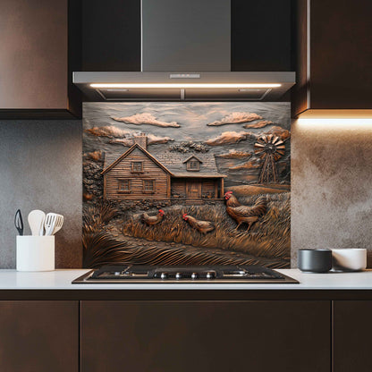 Copper Look Tempered Glass Backsplash for Kitchen | Rustic Cabin, Rooster & Windmill Design