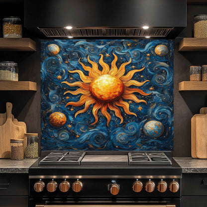 Solar Waltz Tempered Glass Backsplash – Cosmic Sun and Galaxy Kitchen Splashback