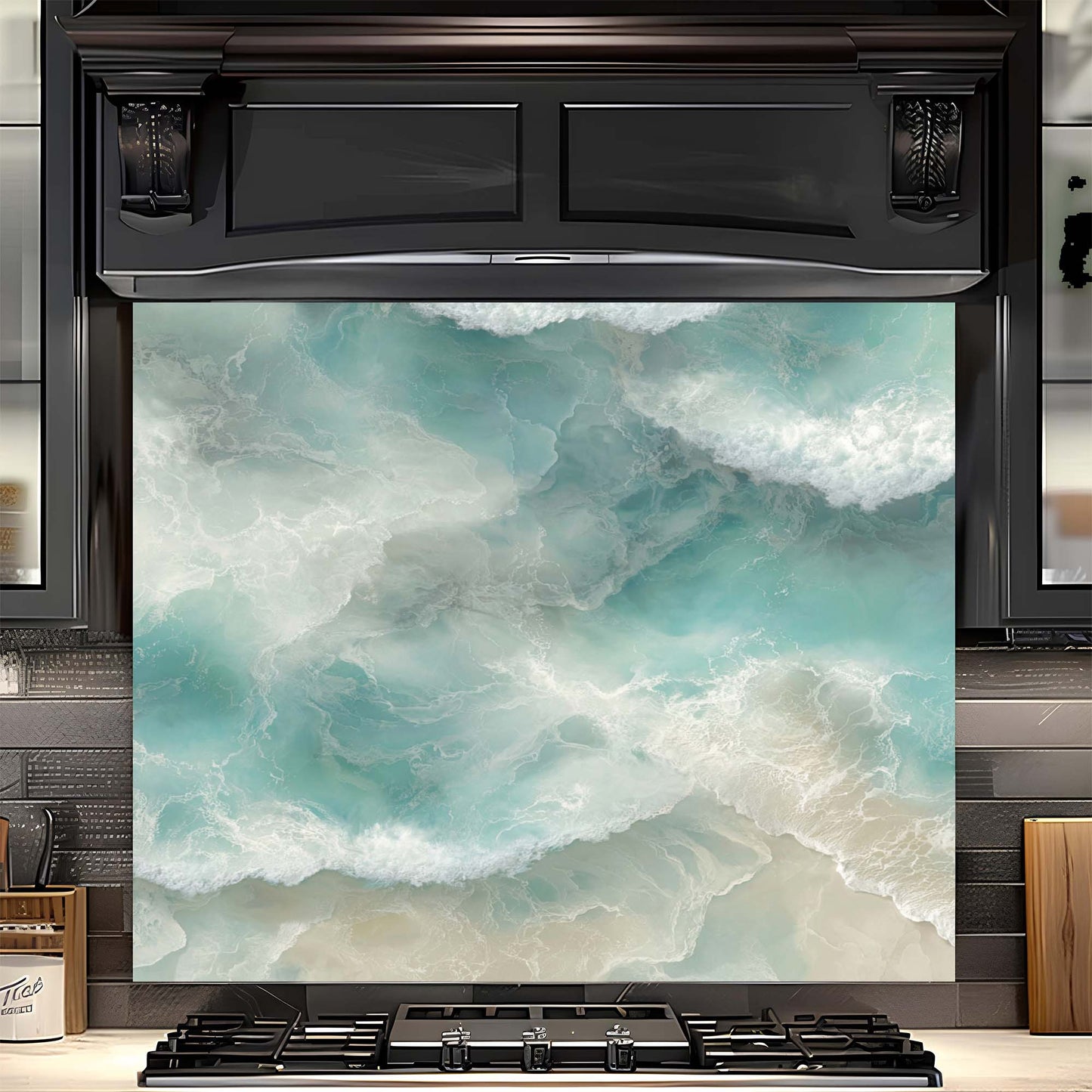 Coastal Tide – Tempered Glass Backsplash for Kitchen | Aerial Ocean Wave Backsplash