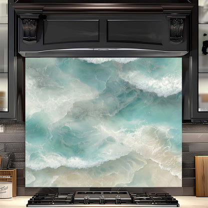 Coastal Tide – Tempered Glass Backsplash for Kitchen | Aerial Ocean Wave Backsplash