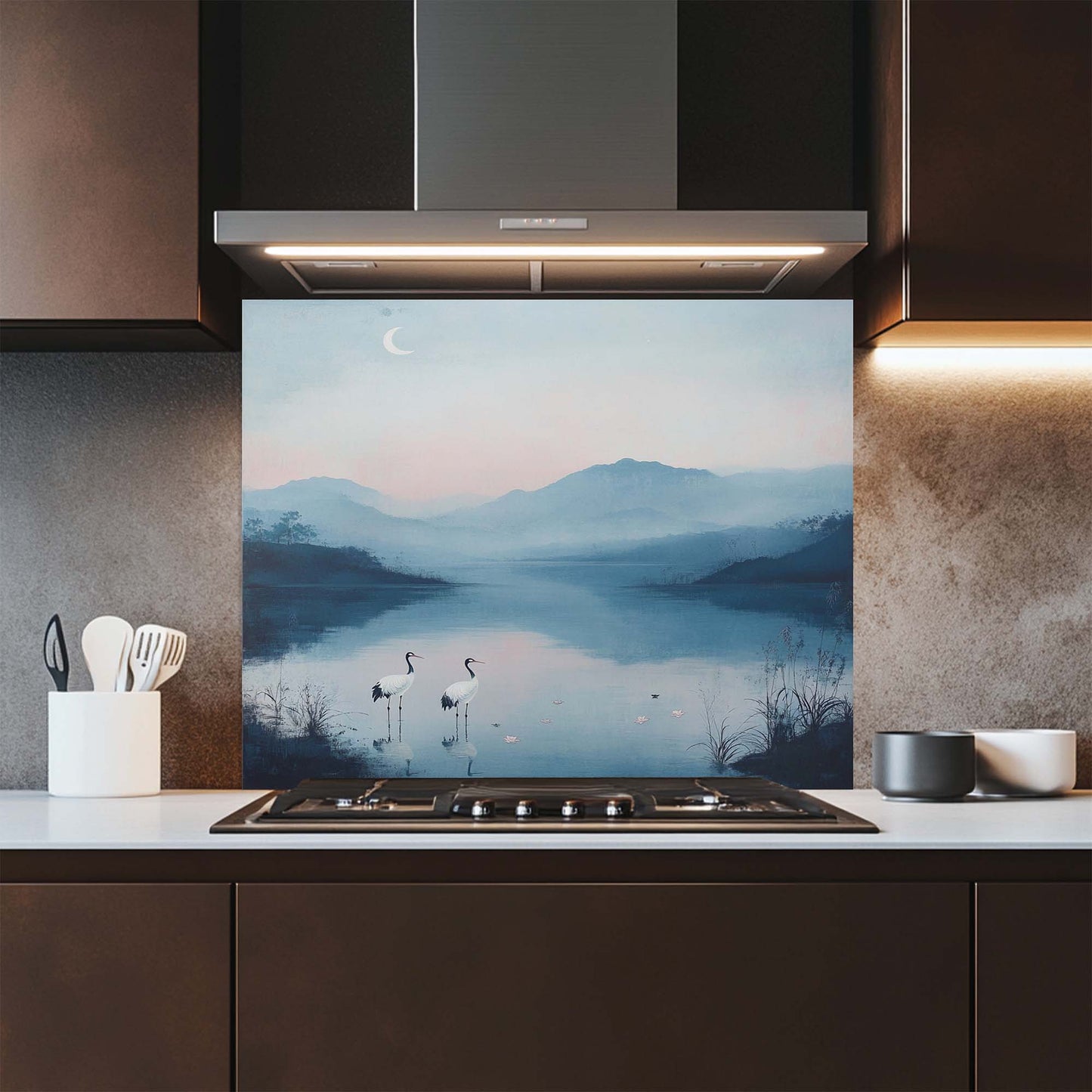 Moon Cranes – Tempered Glass Backsplash for Kitchen | Serene Lake Landscape Backsplash