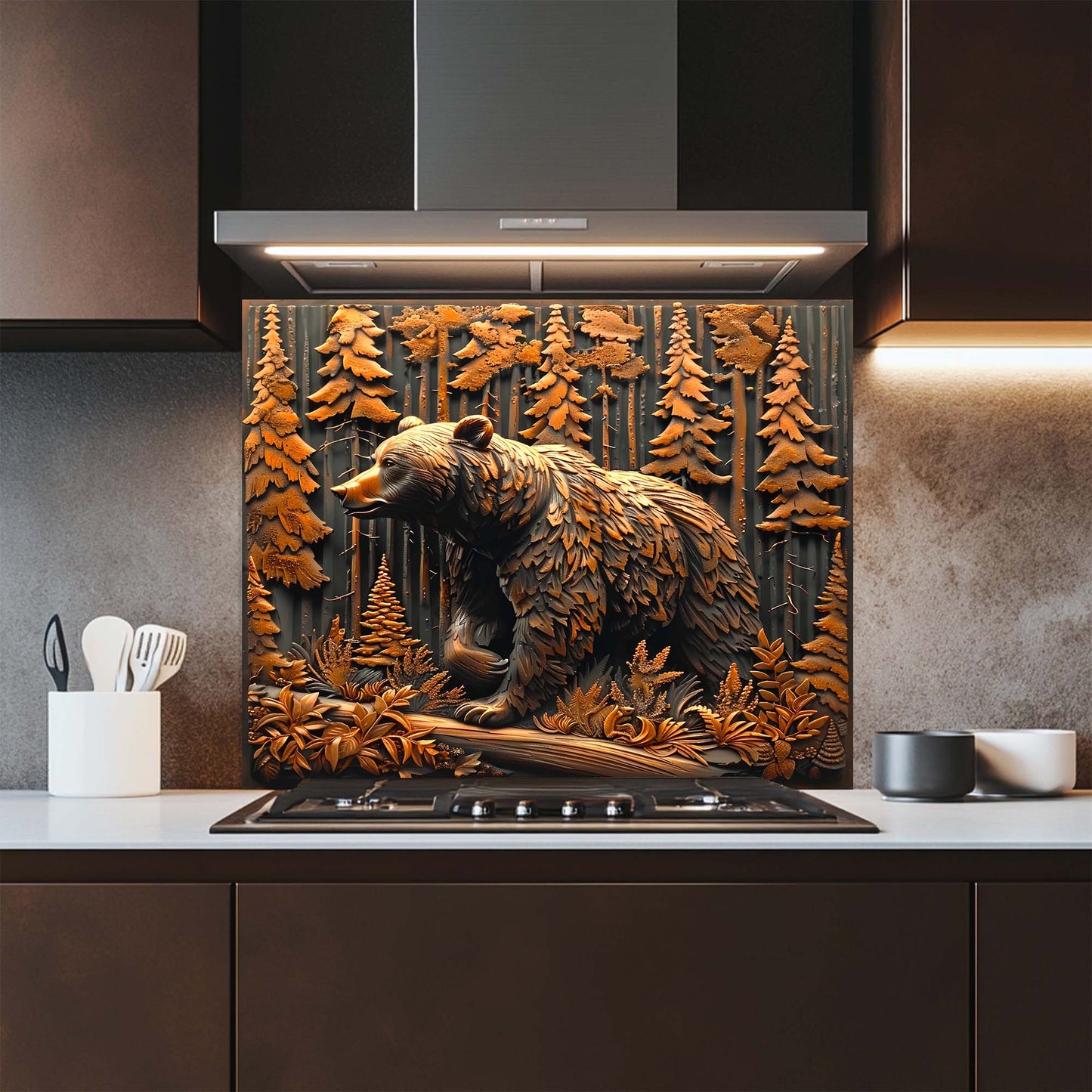 Forest Guardian – Tempered Glass Backsplash for Kitchen Stove | Copper Look Backsplash