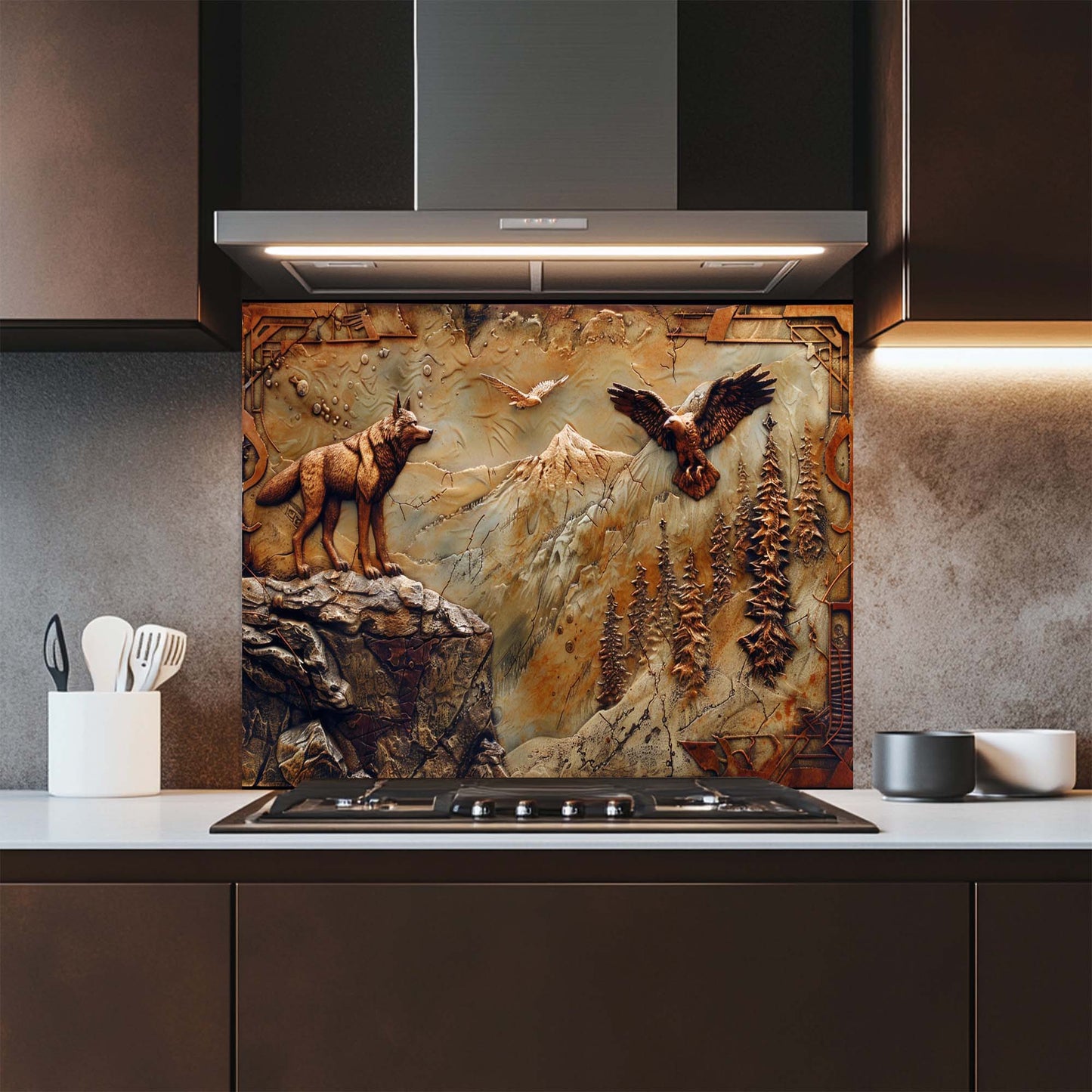 Eagle Wolf – Tempered Glass Backsplash for Kitchen | Bronze Wolf & Mountain Backsplash