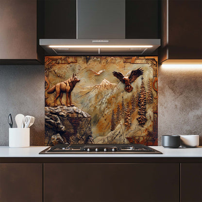 Eagle Wolf – Tempered Glass Backsplash for Kitchen | Bronze Wolf & Mountain Backsplash