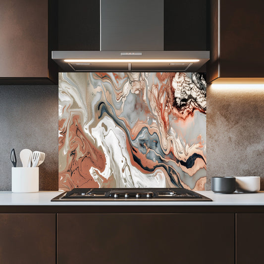 Glass Kitchen Backsplash – Copper Cream Marble Swirl Art Splashback