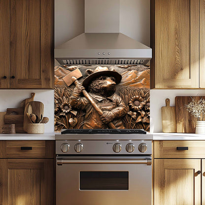 Farmer Bear Tempered Glass Backsplash – Copper Look Backsplash for Rustic Kitchen