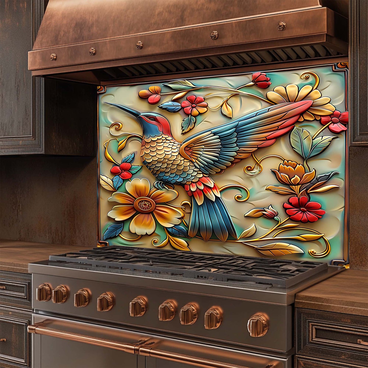 Birdsong Bloom Tempered Glass Backsplash – Colorful Floral & Bird Kitchen Backsplash