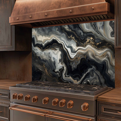 Glass Kitchen Backsplash – Black Gold Marble Flow Abstract Splashback