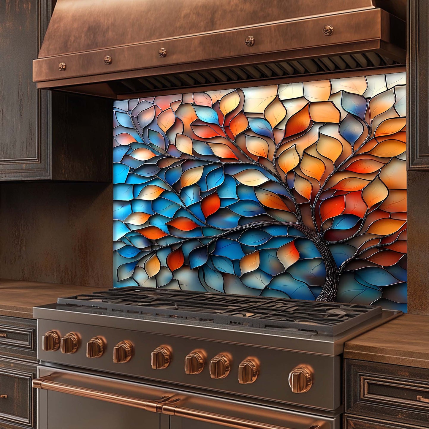 Aurora Branches – Tempered Glass Backsplash for Kitchen Stove | Colorful Abstract Backsplash