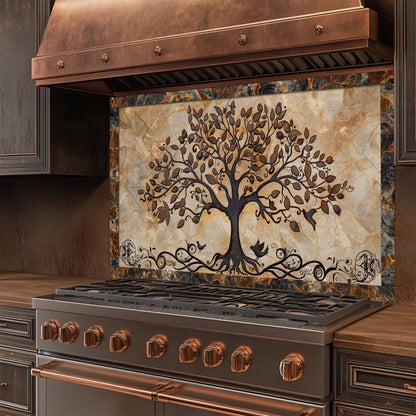 Rooted Melody – Tempered Glass Backsplash for Kitchen | Tree of Life with Birds Backsplash