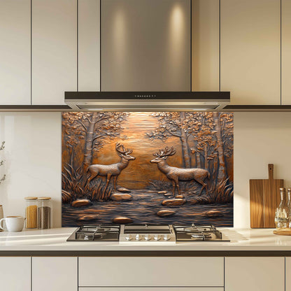 Forest Encounter Tempered Glass Backsplash – Deer Scene Kitchen Backsplash Panel