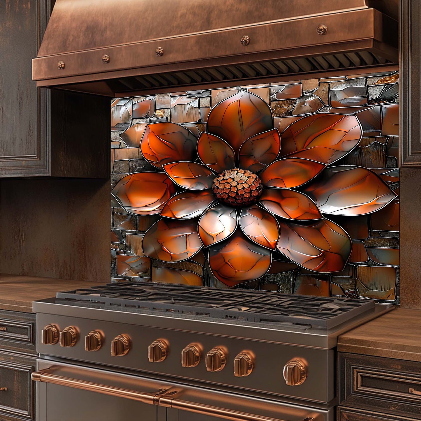 Burnt Petal – Tempered Glass Backsplash for Kitchen | Copper Look Flower Backsplash