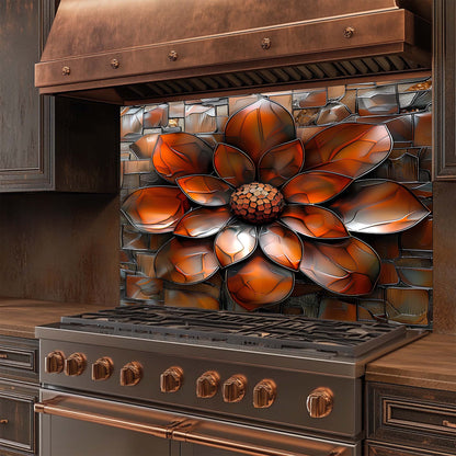 Burnt Petal – Tempered Glass Backsplash for Kitchen | Copper Look Flower Backsplash