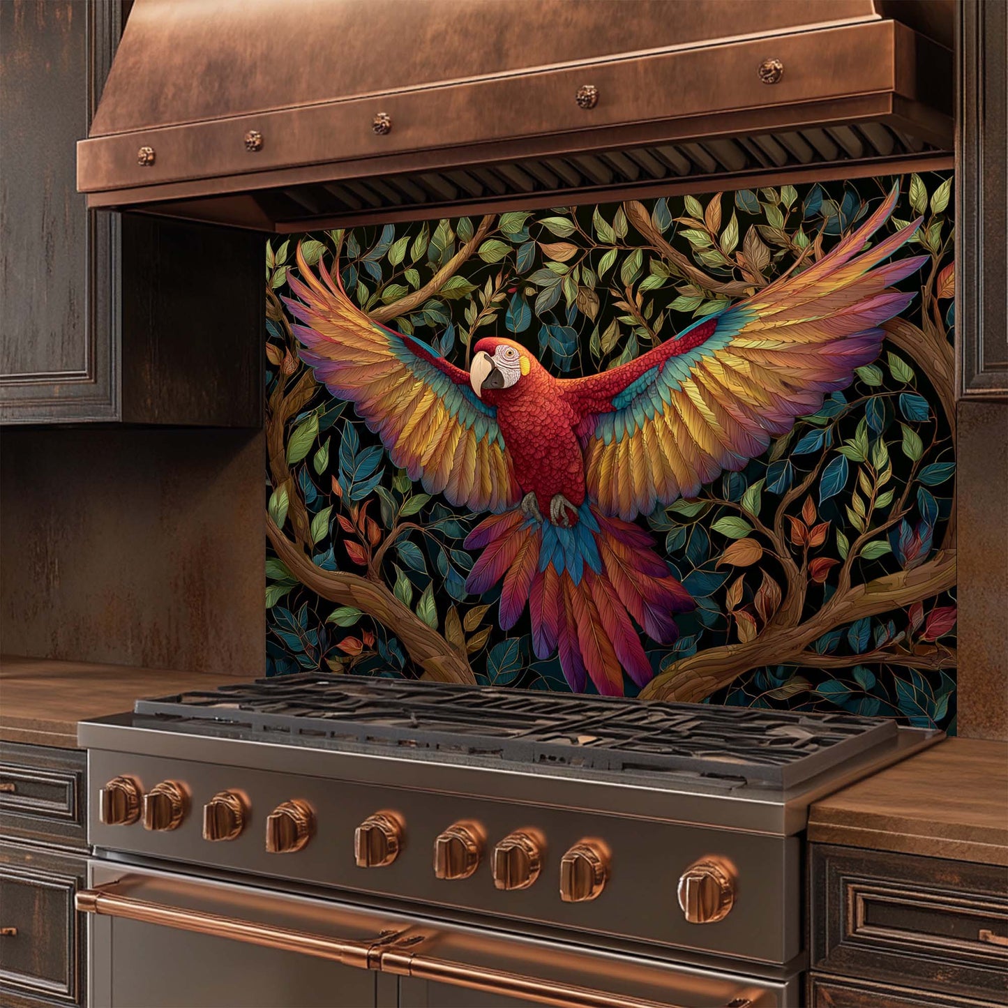 Crimson Wings – Tempered Glass Backsplash for Kitchen Stove | Parrot Jungle Backsplash