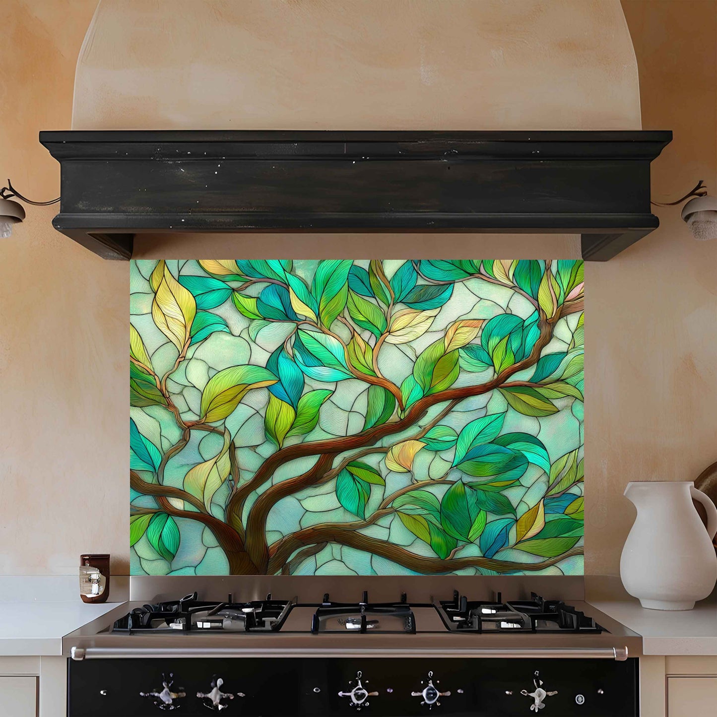 Tranquil Branches – Tempered Glass Backsplash with Tree Branch and Leaf Design