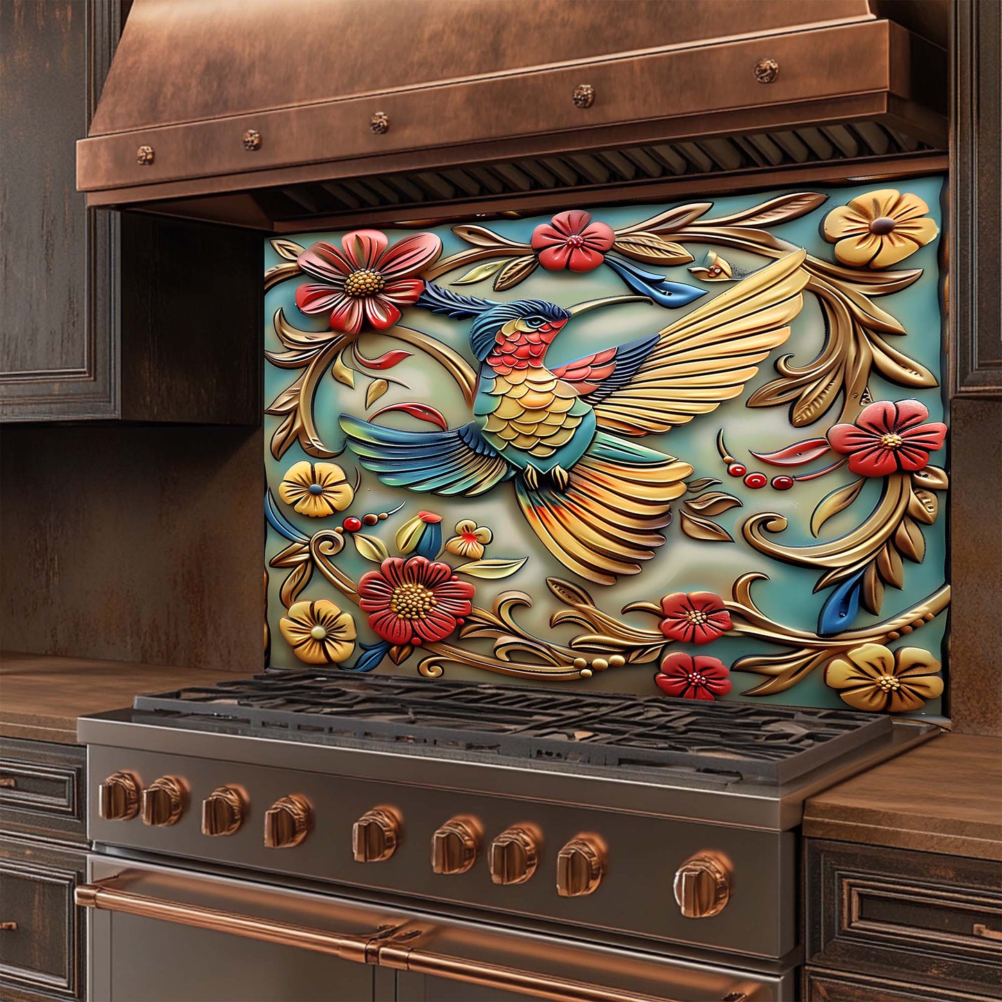Feathered Rhapsody Tempered Glass Backsplash – Vibrant Bird & Floral Kitchen Backsplash