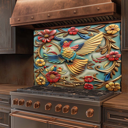 Feathered Rhapsody Tempered Glass Backsplash – Vibrant Bird & Floral Kitchen Backsplash
