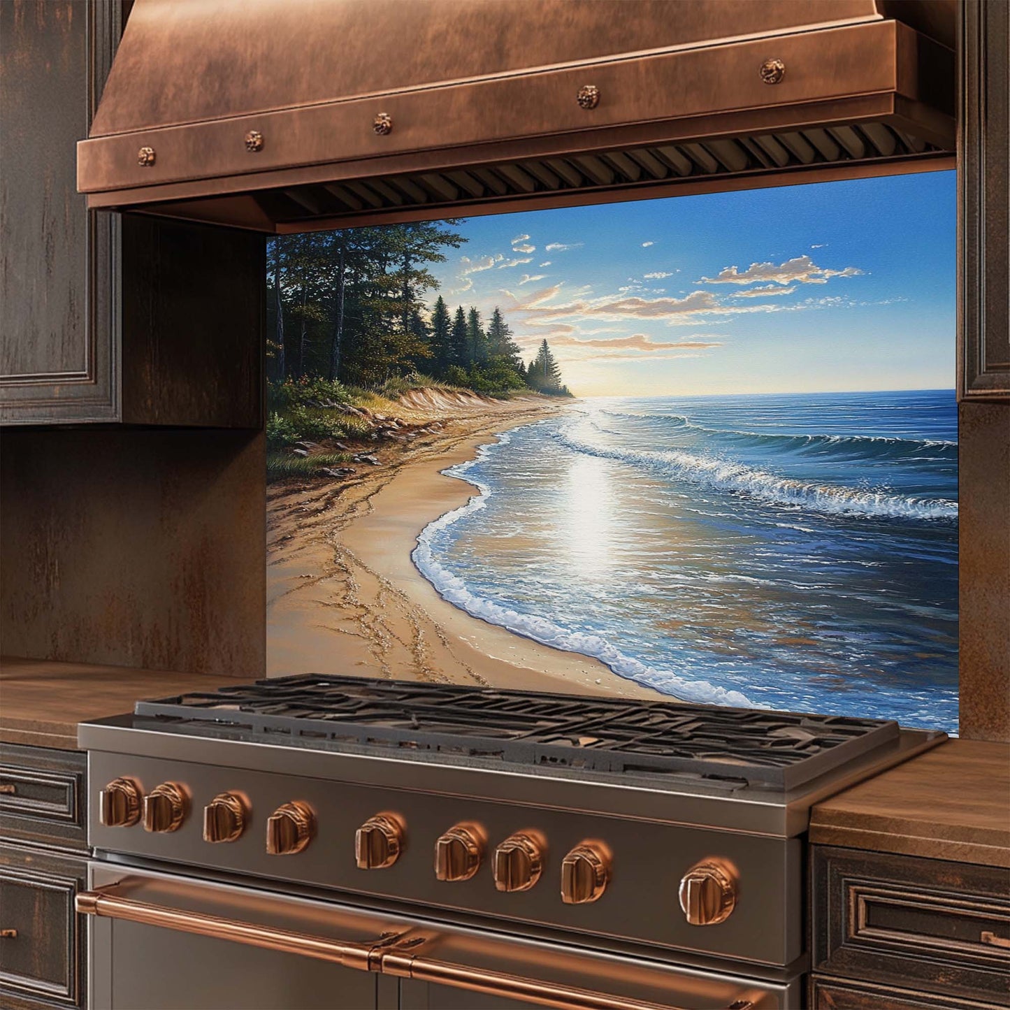 Pine Shore – Tempered Glass Backsplash for Kitchen | Coastal Pine Forest Landscape Backsplash