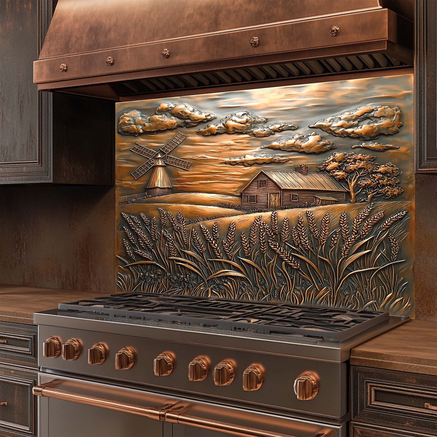 Golden Harvest – Copper Look Tempered Glass Backsplash with Farmhouse Scene