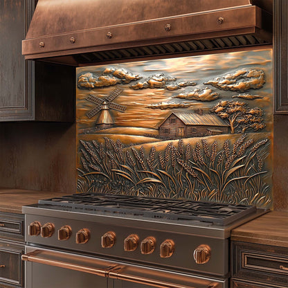 Golden Harvest – Copper Look Tempered Glass Backsplash with Farmhouse Scene