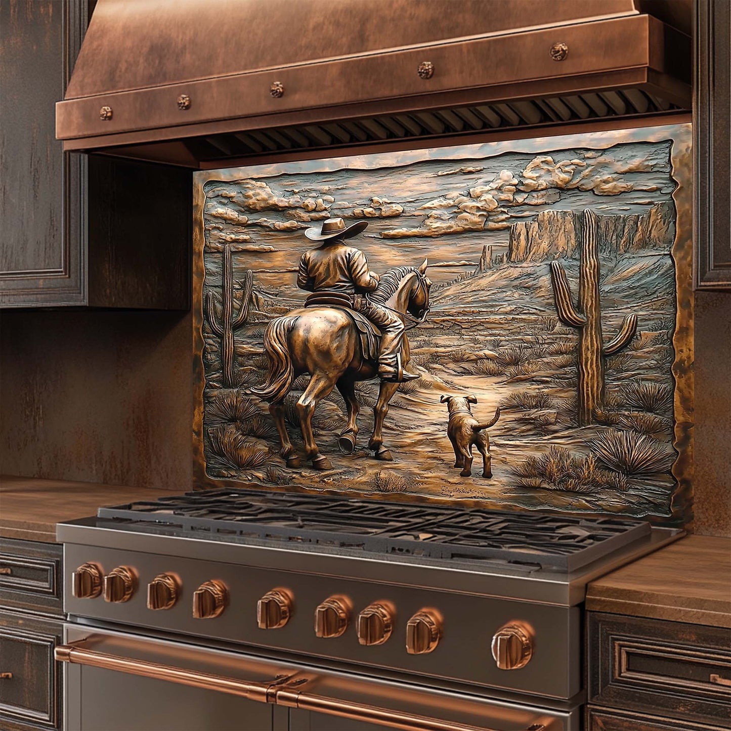 Desert Trail – Tempered Glass Backsplash with Cowboy and Dog | Western Backsplash (Copy)