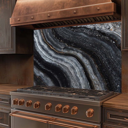 Obsidian Veins – Tempered Glass Backsplash for Kitchen | Luxe Monochrome Backsplash