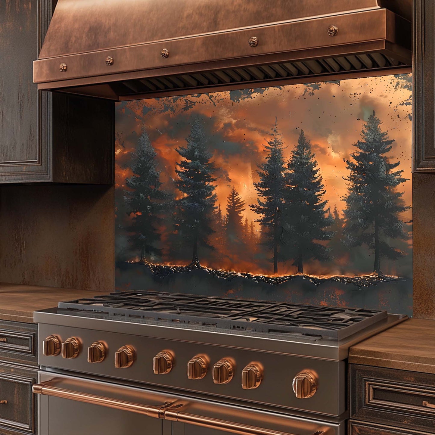 Ash Rise – Tempered Glass Backsplash for Kitchen Stove | Wild Forest in Fire Scene Backsplash