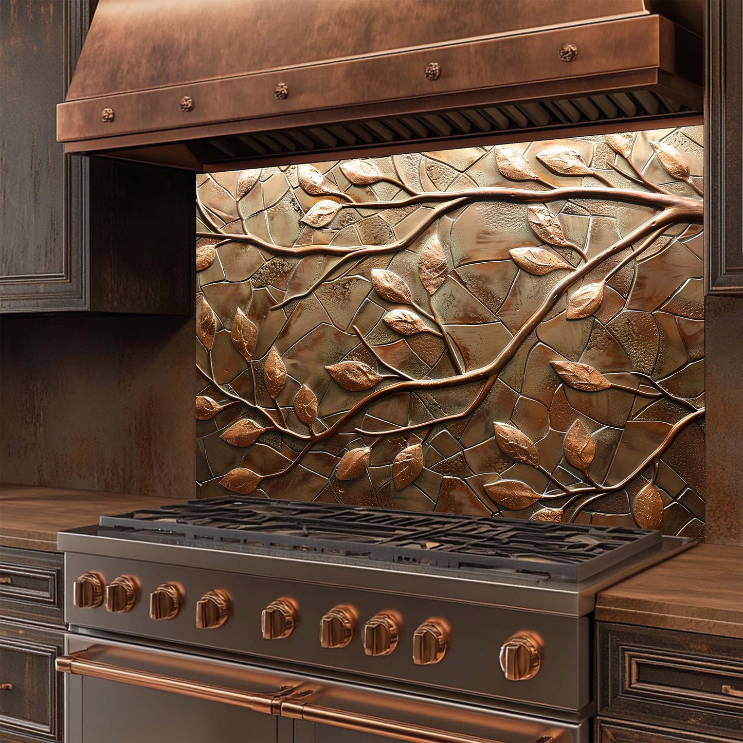 Bronze Branches – Tempered Glass Backsplash for Kitchen – Copper Look Glass Backsplash