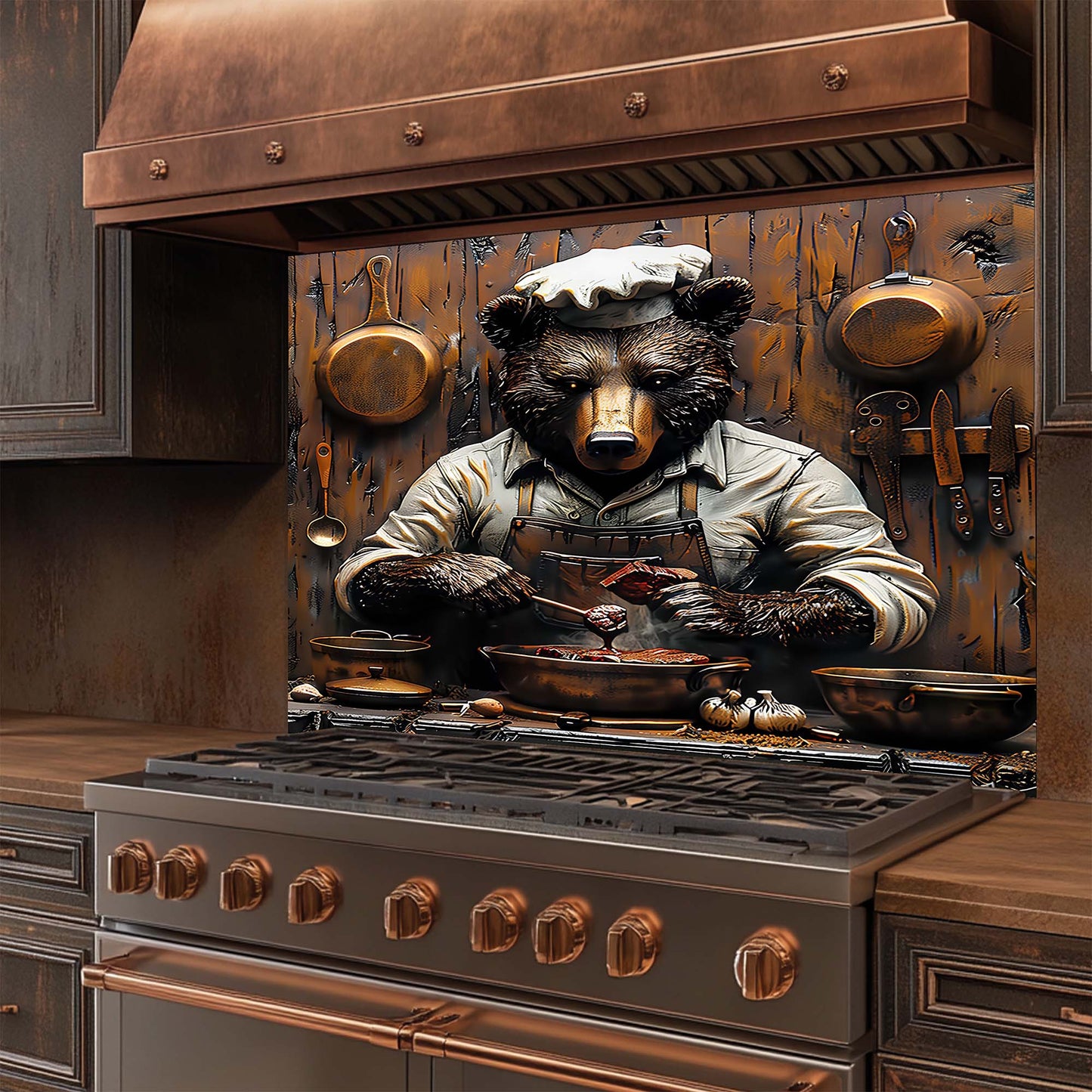 Chef Bear – Tempered Glass Backsplash for Kitchen Stove | Rustic Cooking Animal Backsplash