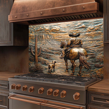 Desert Gaze – Tempered Glass Backsplash with Cowboy, Dog, and Canyon View