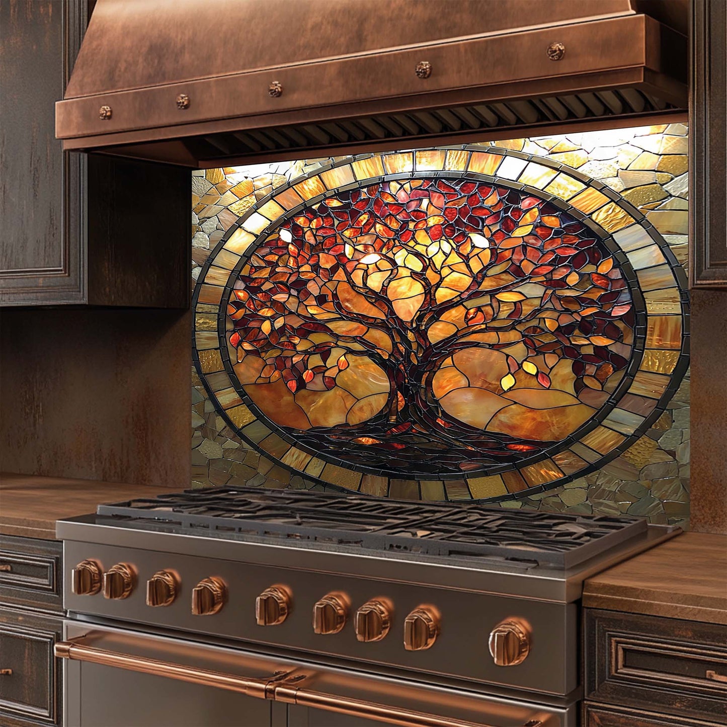 Amber Radiance – Tempered Glass Backsplash for Stove | Tree of Life Mosaic Style Backsplash