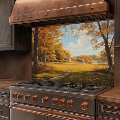 Amber Haven – Tempered Glass Backsplash for Kitchen | Autumn Cottage Landscape Backsplash