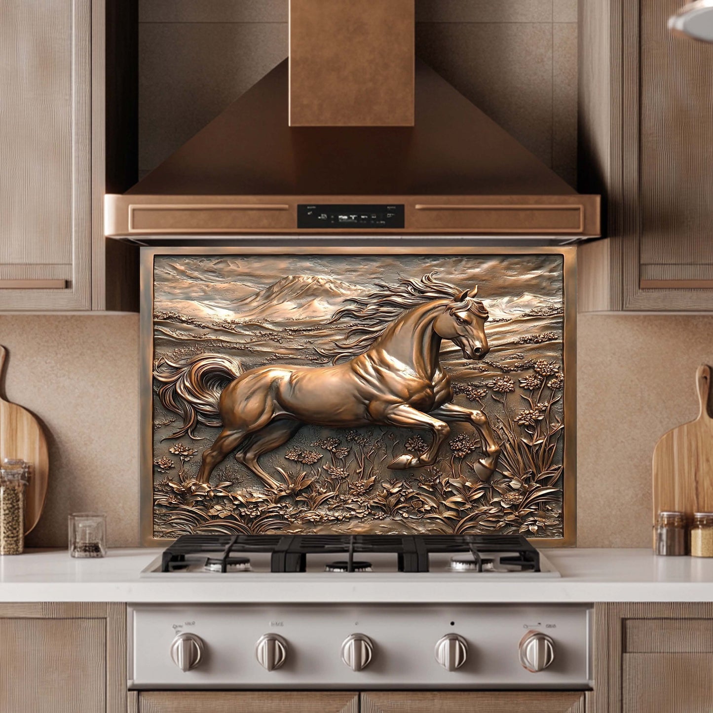 Copper Look Horse Tempered Glass Backsplash – Farmhouse Kitchen Backsplash
