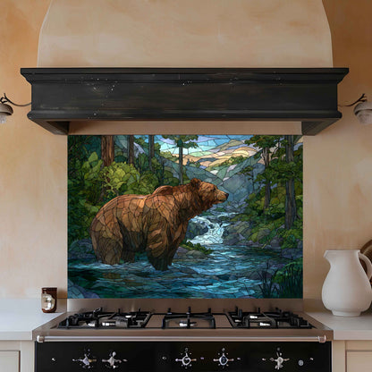 Forest Stream with Bear – Tempered Glass Backsplash For Lodge Kitchens