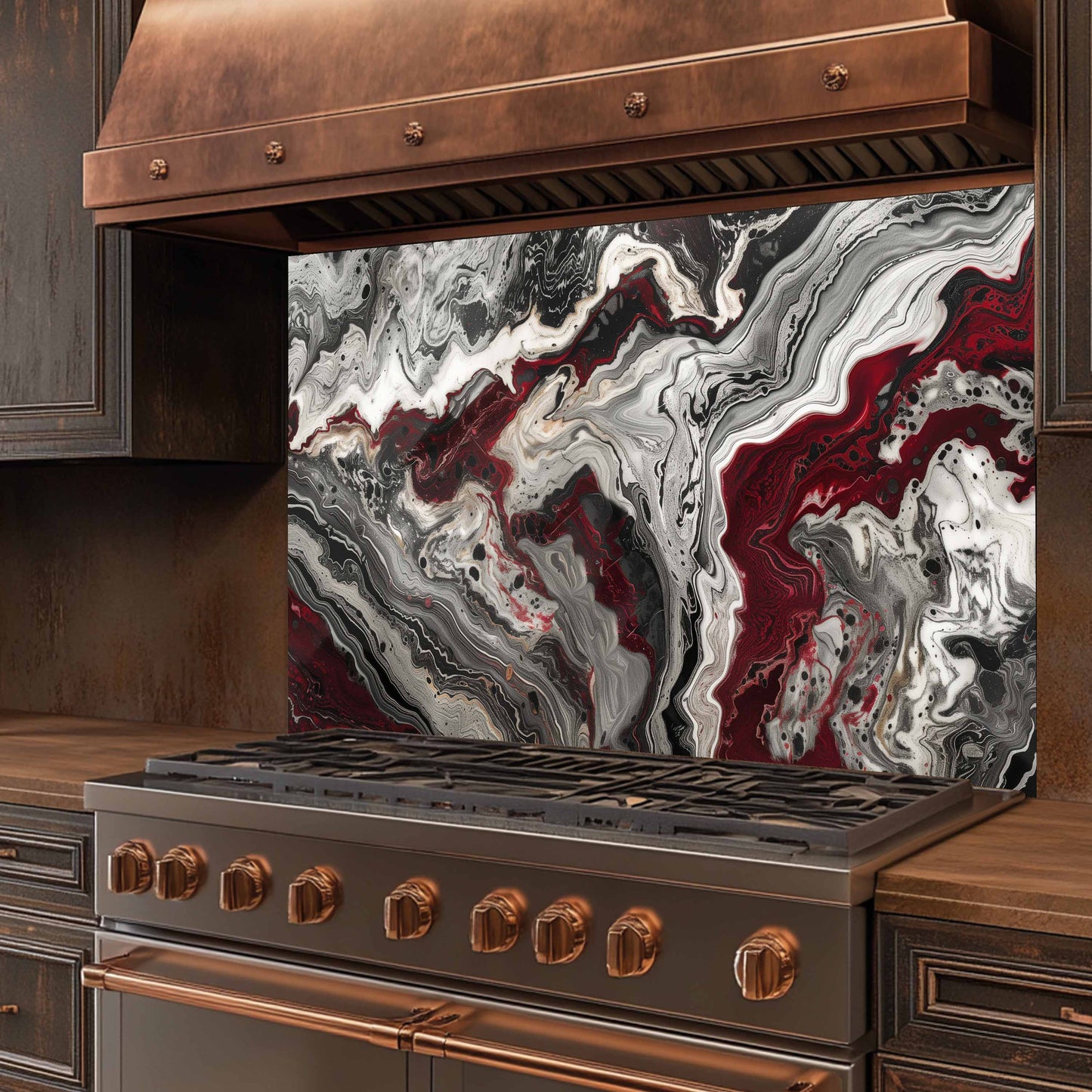 Glass Kitchen Backsplash – Red Black Marble Abstract Splashback for Stove