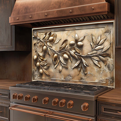 Olive Grace – Tempered Glass Backsplash for Kitchen | Textured Olive Branch Backsplash